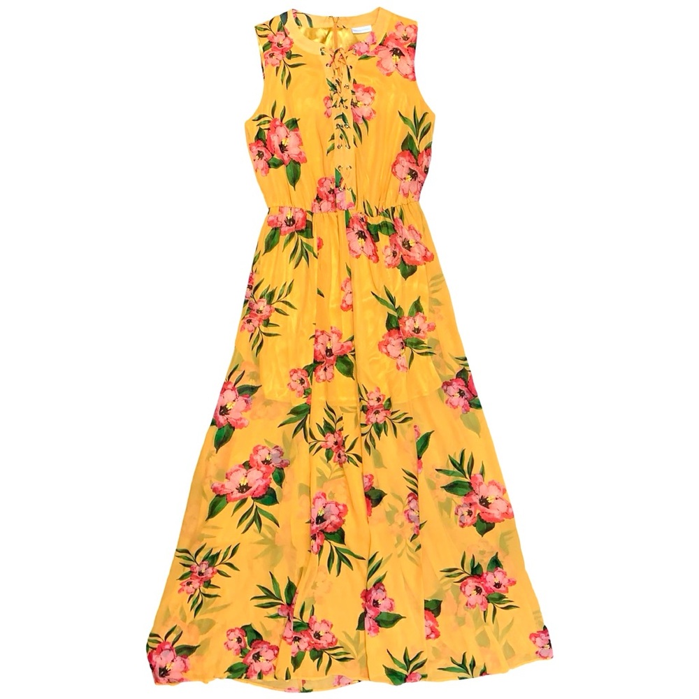 NY&C Lace Up Sleeveless Floral Maxi Dress Medium Flowy Satin Feminine Boho